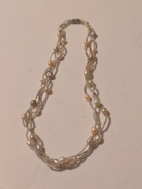 Multi-Strand Freshwater Pearl and Silver Bead Necklace - Cream Pearls